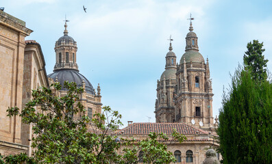 Vista del cimborrio y campanarios de la catedral gótica de Salamanca desde una calle cercana de la...