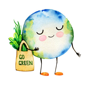 Watercolor cute cartoon earth globe illustration. Ecology education, zero waste ecosystem, sustainability character. Earth day