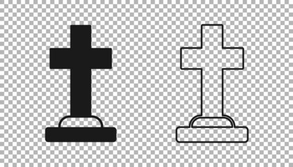 Black Tombstone with cross icon isolated on transparent background. Grave icon. Happy Halloween party. Vector