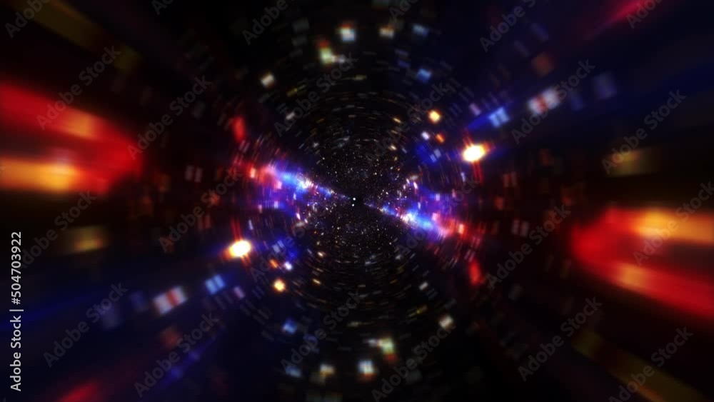 Poster abstract glow hyperspace tunnel through colorful vivid blue orange space time vortex. 4k 3d loop sci