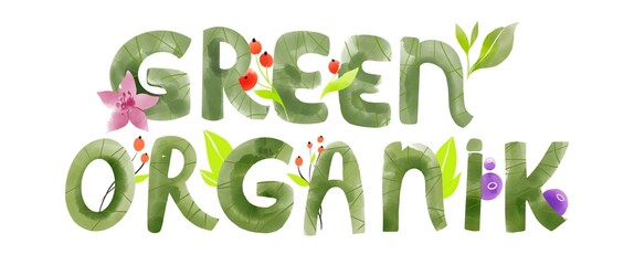 Green organic logo text for design web banner watercolor vegetarian watercolor healthy food illustration