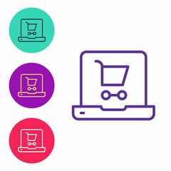 Set line Shopping cart on screen laptop icon isolated on white background. Concept e-commerce, e-business, online business marketing. Set icons colorful. Vector