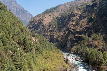 Fototapeta na wymiar Impressive photo with a beaautiful blue river between the mountains, Nepal.