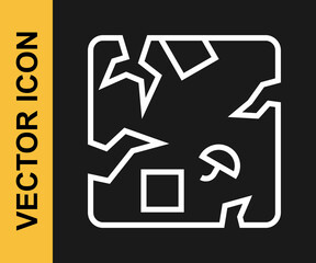 White line Broken cardboard box icon isolated on black background. Box, package, parcel sign. Delivery and packaging. Vector