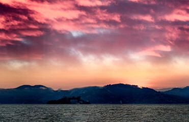 Panoramic view of Alcatraz Island and San Francisco coastline dat sunset, California, USA