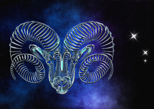 Edle metallisch leuchtendes Sternzeichen Widder im Sternenhimmel mit passender Konstellation