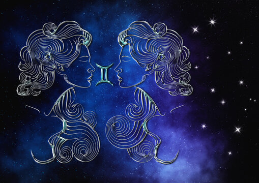 Edle metallisch leuchtendes Sternzeichen Zwillinge im Sternenhimmel mit passender Konstellation