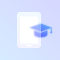 e learning glass morphism trendy style icon. smartphone with bachelor cap transparent glass color vector icon with blur. for web and ui design, mobile apps and promo business banners and posters
