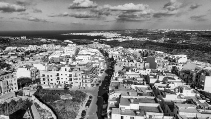 Aerial view of Mellieha cityscape from drone, Malta