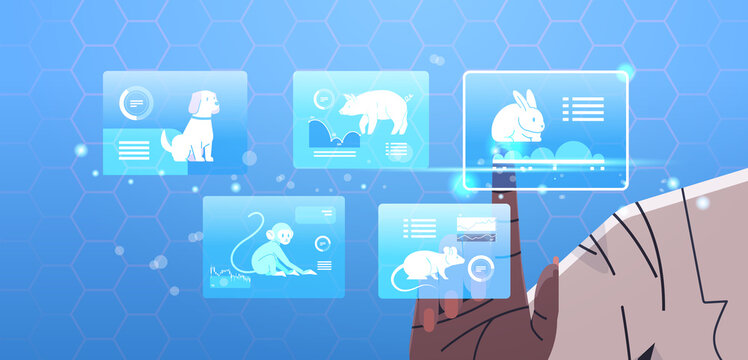 scientist or veterinary worker choosing animals on digital screen doing experiments in lab biological genetic engineering research