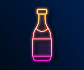 Glowing neon line Champagne bottle icon isolated on black background. Merry Christmas and Happy New Year. Vector