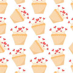 Pattern with cupcake and hearts. Seamless pattern with bun and cream. Vector illustration in cartoon style.