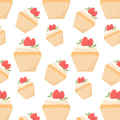Pattern with cupcake and strawberries. Seamless pattern with bun and cream. Vector illustration in cartoon style.