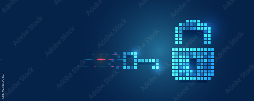 Poster Pixel padlock. Cyber security for business and internet projects. Vector illustration of data security services. Data protection, privacy, and internet security concept. Hi-tech various background.