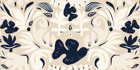 Botanical hand drawn ethno style ornament pattern with birds. Abstract trendy monochrome print. Fashionable vector template for your design. 
