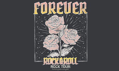 Rock and roll t-shirt design. Rose rocking vector graphic print design for apparel, stickers, posters, background and others. Rock tour vintage artwork. © riaz