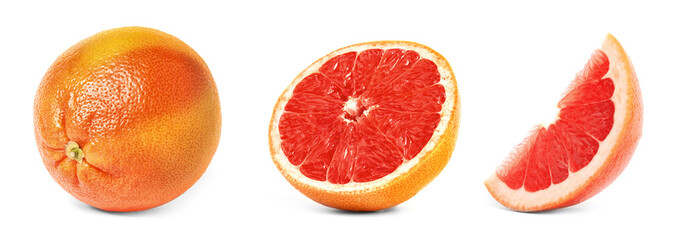 Whole and cut ripe juicy grapefruits on white background, collage. Banner design