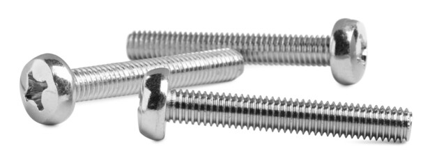 Three metal machine screw bolts isolated on white - obrazy, fototapety, plakaty