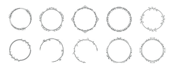 Set Black Simple Line Collection Doodle Round Floral Frame Leaves Elements Vector Design Style Sketch Isolated Illustration For Banner