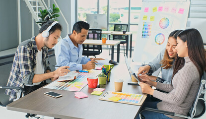 Group of asian creative design meeting brainstorm ideas to plan and develop project at office, Asia small business startup coworker, colleagues working  for the solution, Corperate team