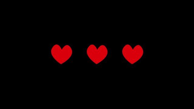 Color picture of hearts on a black background. three red hearts. symbol of lovers. Distortion liquid style transition icon for your project. 4K video animation for motion graphics and compositing.
