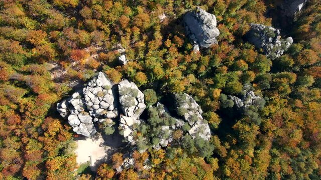 overhead view of autumn dovbush rocks in ukrainian carpathian mountains