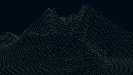 Abstract dark background with linear grid. The green frame of the landscape. Polygonal map of the arena. 3d vector illustration