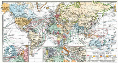 World map of sea and ocean trade routes, indicating the ownership of the colonies. Publication of the book "Meyers Konversations-Lexikon", Volume 2, Leipzig, Germany, 1910