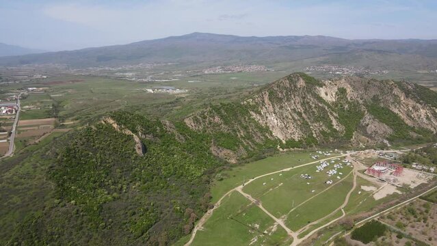 Aerial Spring view of Kozhuh Mountain and Petrich valley, Bulgaria