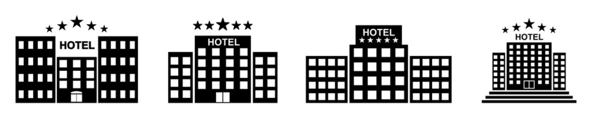 Hotel icons vector set. Black pictograms with hotels on white background. Vector 10 EPS. - obrazy, fototapety, plakaty