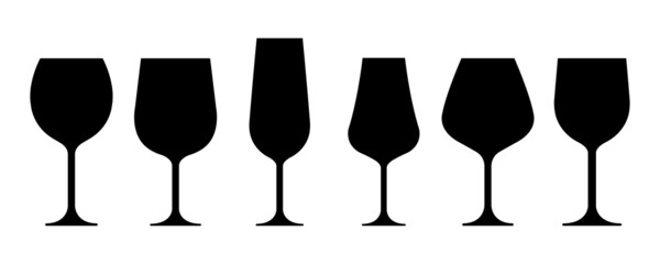 Set icons with wine glasses. Black silhouette with types wine glasses. Vector 10 EPS.