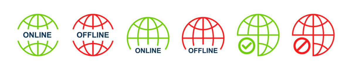 Online, offline signs vector icons. Green and red globe with no signal and good web signal. Internet connection. 