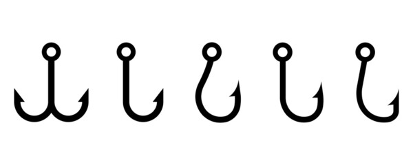 Fishing hook vector icons set. Angler equipment. Black fishing hooks. Vector 10 EPS.