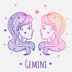 Colorful zodiac sign Gemini. Vector illustration.Line art. Easy to recolor.