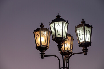 Street lights are located on the streets of the city and illuminate everything around the black night