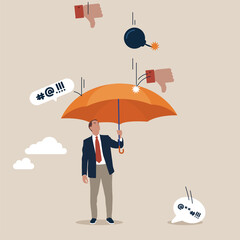Businessman hold strong umbrella protect from negative feedback. Handle business criticism, scold or negative feedback, manage boss blame, pressure, failure or mistake ashamed concept. 