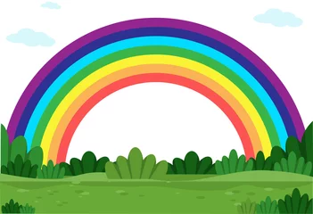 Selbstklebende Fototapeten Color rainbow on the ground of green grass and bushes. Background with rainbow, grass, sky, clouds. Vector illustration in flat style. © Olena Dumanchuk