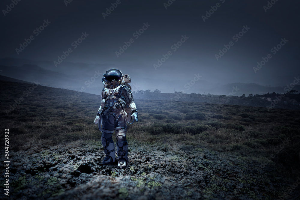 Poster astronaut walking on an unexplored planet