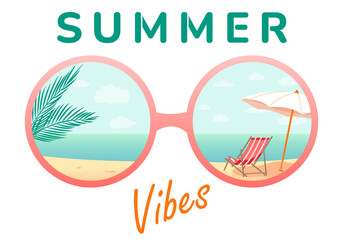 Summer beach vibes. Sun lounger reflection glasses under an umbrella on a tropical beach. Suitable for printing on t-shirts, posters, cards, labels, mugs and other gifts. Vector