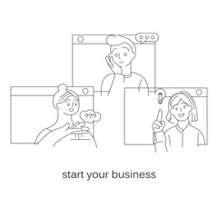 start your business. Minimalistic linear poster about starting your own business and stop working for someone else. Online conference with friends to start your own business