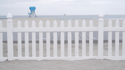 Lifeguard stand or life guard tower hut, surfing safety on California beach, USA. Rescue station,...