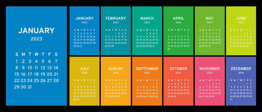 Calendar 2023. Vector colorful calender template. Week starts on Sunday