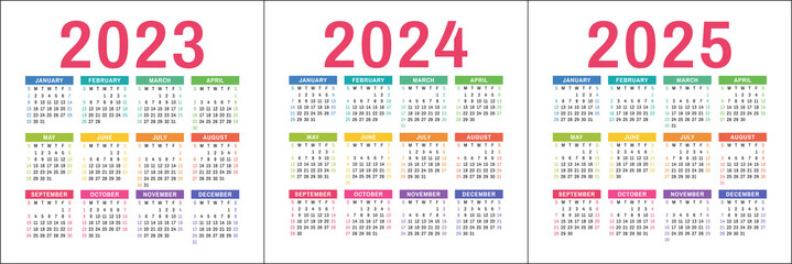 Calendar 2023, 2024 and 2025 years. Calender design template. Week starts on Sunday. January, February, March, April, May, June, July, August, September, October, November, December
