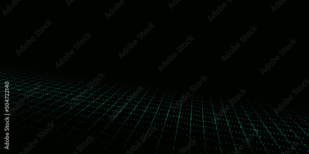 Poster dynamic flow of digital particles. perspective grid of interlaced dots. network connection structure