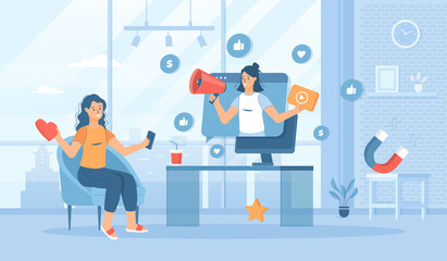 Video marketing. Advertising campaign using viral promo videos, attracting people from social media. Flat cartoon vector illustration with people characters for banner, website design or landing page