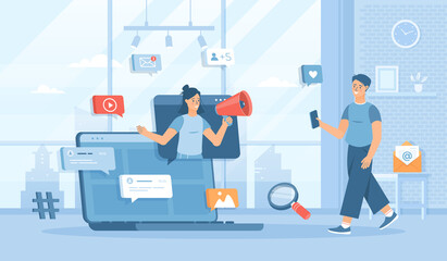 Social media news, Email marketing, Online advertising. Promotion strategy. Flat cartoon vector illustration with people characters for banner, website design or landing web page 