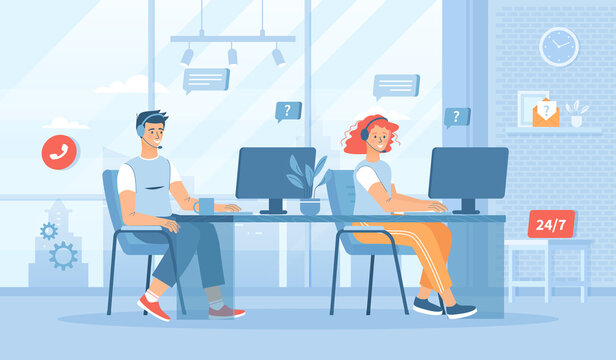 Support center. Online consultants help clients in chats  and calls. Call center operators. Flat cartoon vector illustration with people characters for banner, website design or landing web page 