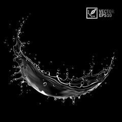 3D realistic transparent isolated vector splash of water with drops in the form of a circle or vortex on black background