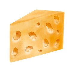 Sliced ​​yellow piece of cheese with large holes on a white background. Watercolor style