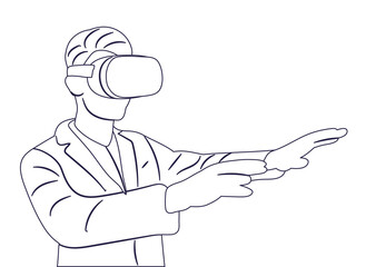 man in virtual reality glasses sketch, outline, isolated